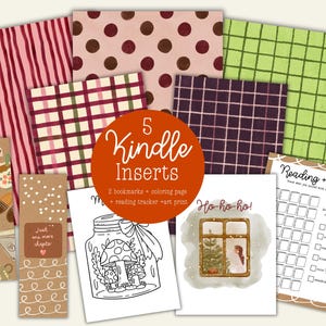 May include: A collection of five Kindle inserts including two bookmarks with tea and mushroom motifs, a coloring page featuring a mushroom jar, a holiday art print with a window scene, and a reading tracker with the text Reading + Vibe.