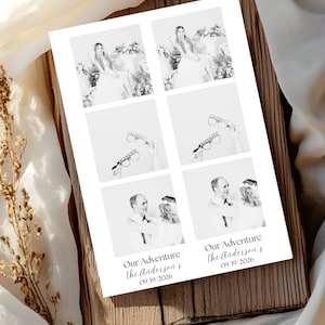 Könnte beinhalten: Schwarz-Weiß-Fotoabzug mit vier Bildern einer Hochzeit. Der Abzug enthält den Text "Our Adventure The Anderson's 09.19.2026". Die Bilder zeigen das Brautpaar in verschiedenen Posen, einschließlich Brillen mit der Aufschrift "Celebrate".