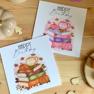 Carte d'anniversaire automne pour amoureux des livres en rose ou marron/orange - cadeau parfait pour les amateurs de livres - carte d'Halloween