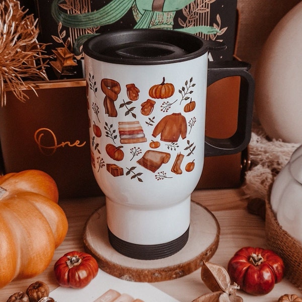 Autumn Cosy Things Travel Mug, Stainless Steel 14oz Travel Mug, Pumpkins, Bookstack, Blankets, Coffee Lover, Gift For Her, Gift For Teachers