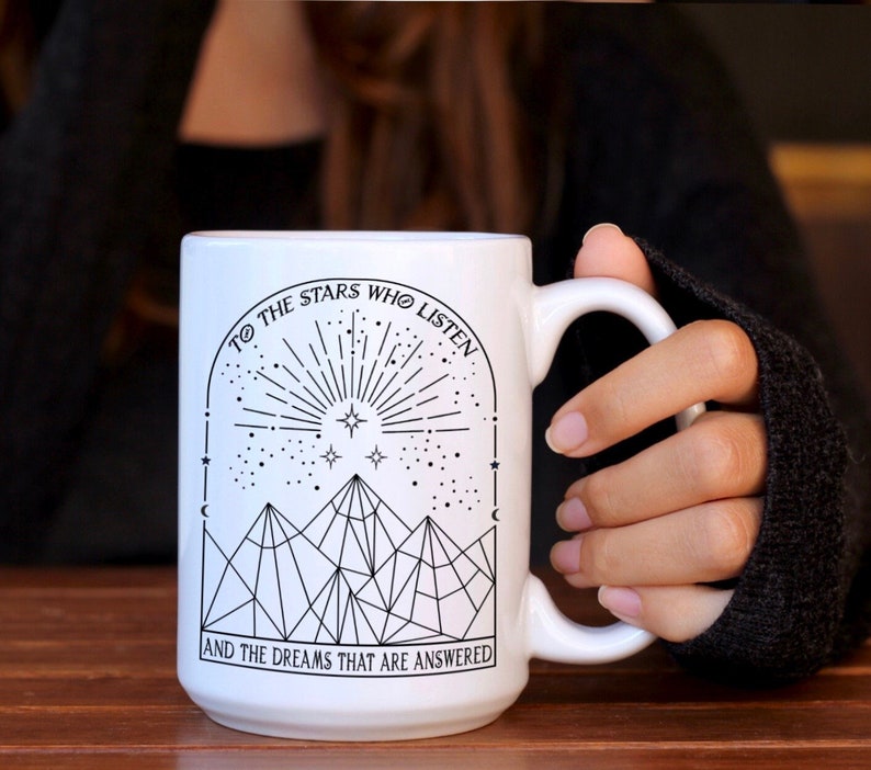 ACOTAR 15oz Mug, Officially Licensed Sarah J Maas Merch, To the stars who listen, and the dreams that are answered, Starry celestial design image 2