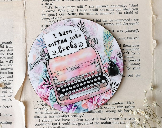 Writer's Coaster - Gifts For Authors - I Turn Coffee Into Books - Floral Boho Vintage Typewriter Coaster