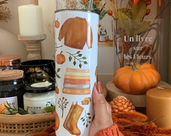 Cosy Autumn Book Lover 20oz Skinny Tumbler with Stainless Steel Straw, Fall Gift Idea, Autumn Gift Idea, Top Gift For Her