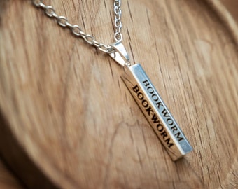 Bookworm Pendant, Vertical Bar Necklace, 4-sided Engraved Pendant, Silver, Gold, Rose Gold Plated, Gifts For Bookworms, Book Lover Jewellery