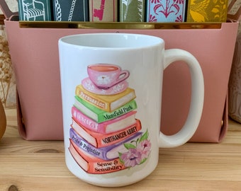 Jane Austen Mug, Literary Pastel Book Stack, Pride and Prejudice Mug, Gifts For Bookworms, Literary Gifts, Top Book Lover Gift