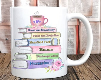 Jane Austen Book Mug, Gifts For Bookworms, Book Spines Illustration, Literary Quote, Floral Mug, Romantic, 2-sided design, Literary Gift