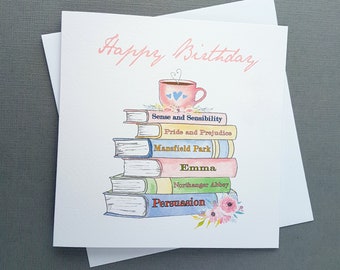 Jane Austen Birthday Card - Jane Austen Greeting Card - Jane Austen Novels Stack - Book Spines - Book Lover - Persuasion - Pride & Prejudice