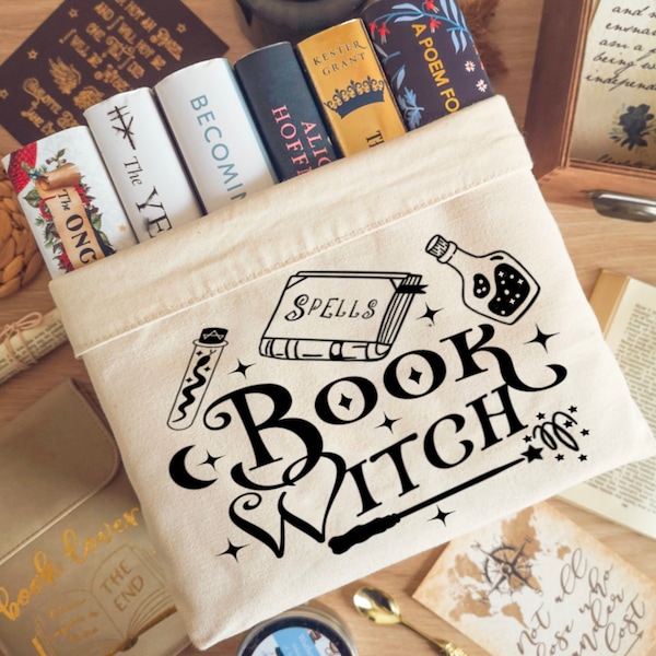 Book Basket, Book Witch Wand Design Canvas Organiser, Book Storage, Reading Goals, Top Book Lover Gift, Book Bin, Book Holder, Teacher Gift