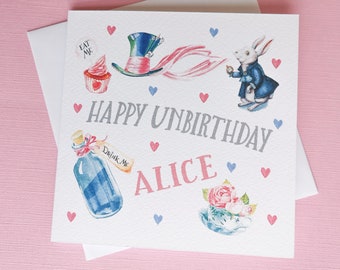 Personalised Unbirthday Card - Alice in Wonderland Unbirthday Card - We're All Mad Here Literary Quote - Gifts For Bookworms - Mad Hatter