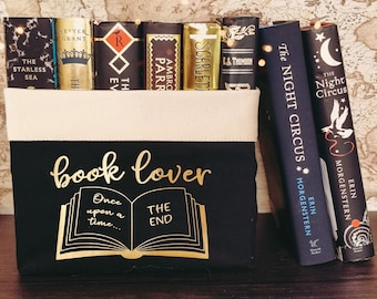 Book Basket, Book Lover Canvas Organiser (Large) Gold & Black, Reader Gift, Teacher Gift, Student Gift, Top Gifts For Bookworms