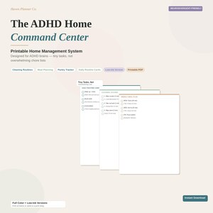 Può includere: Un sistema di gestione domestica stampabile intitolato "The ADHD Home Command Center". Il design include routine di pulizia, pianificazione dei pasti e schede di routine giornaliere. È visibile anche il testo "Tiny Tasks, Not Overwhelming Lists". Il design è neurodivergente.