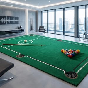 Puede incluir: Una gran alfombra rectangular verde diseñada para parecer una mesa de billar, con marcas blancas, troneras en las esquinas, un círculo central y un triángulo de bolas de billar de colores, con un taco de billar descansando sobre la superficie.