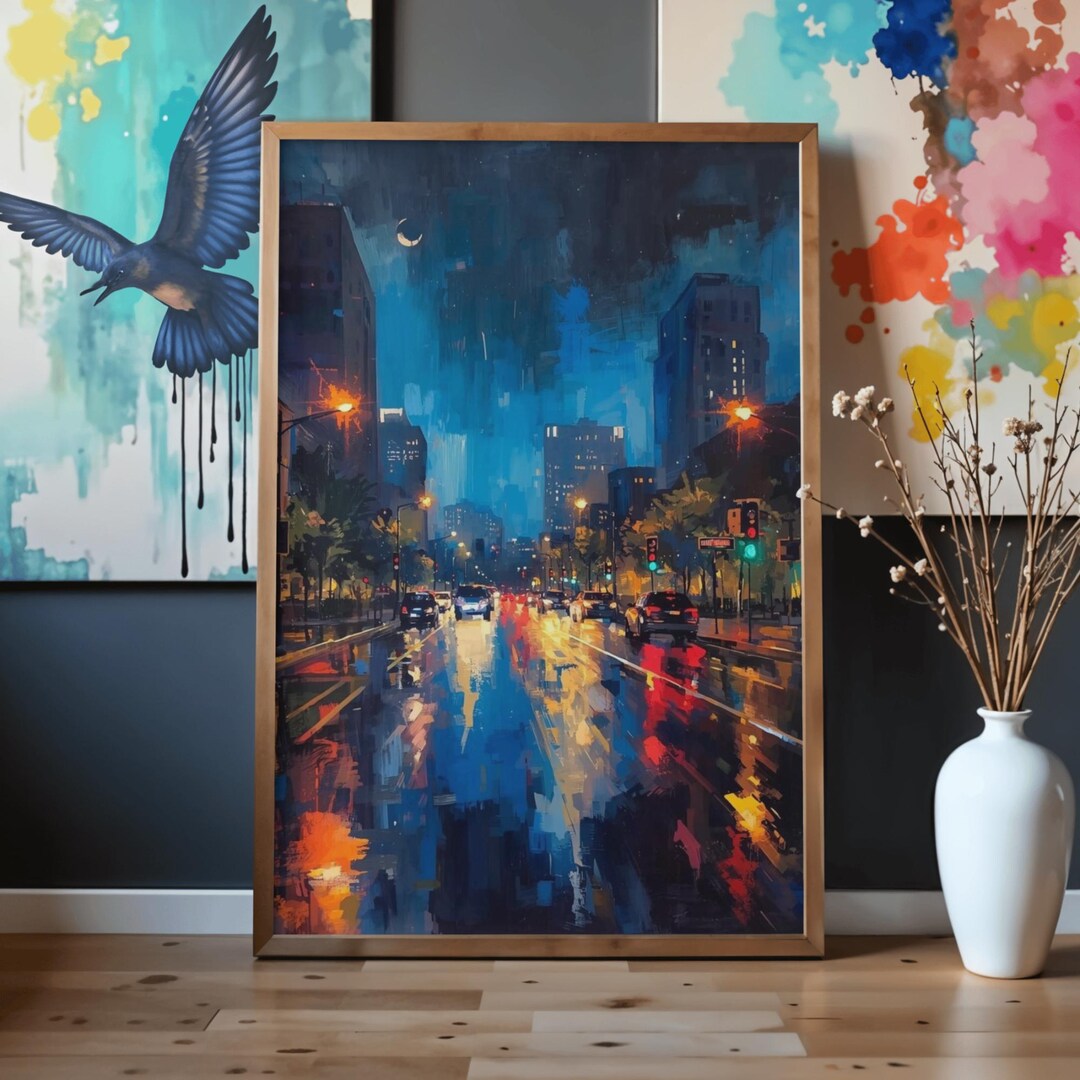 City Skyline Wall Art • Night Lights, Abstract Urban, Bridge Dusk ...