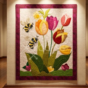 May include: A quilted wall hanging featuring a vibrant floral design with tulips in shades of yellow, orange, pink, and red, along with green leaves and two bees. The artwork is framed with a dark purple border and a light beige background.