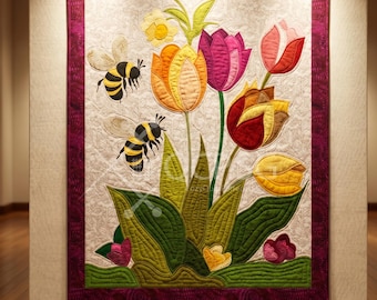 Spring Tulip Quilt Pattern PDF – Floral Appliqué with Bees