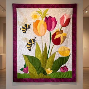 Spring Tulip Quilt Pattern PDF – Floral Appliqué with Bees 16 x 20 inches