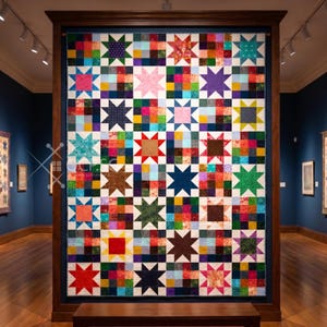 May include: A vibrant quilt with a star design, showcased in a museum. The quilt is composed of a grid of squares, each containing a star motif in diverse colours such as red, blue, green, and yellow. It's framed within a dark wooden structure.