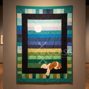 May include: A handmade quilt with a landscape design featuring a white moon, blue and green horizontal stripes, and a brown and white dog applique. The quilt has a black border and a patterned border of green and blue squares.
