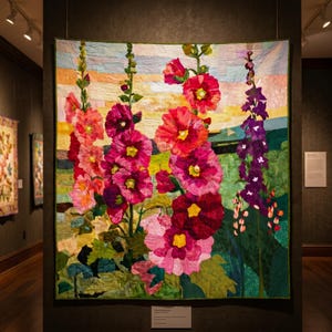 May include: A large, colourful quilt depicting hollyhocks in full bloom. The quilt features vibrant shades of pink, red, and purple flowers with yellow centres, set against a backdrop of a sunset sky and green foliage. The artwork is displayed in a gallery setting.