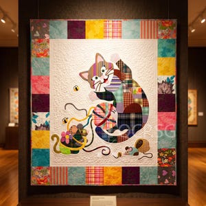 May include: A colorful patchwork quilt featuring a playful cat design. The cat is made of various patterned fabrics and is reaching for a ball of yarn. The quilt has a white background and a border of colorful squares.