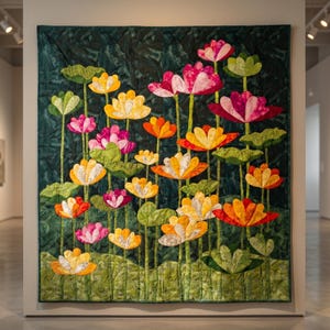 May include: A square wall quilt featuring a dark green background with a botanical pattern of stylised lotus flowers in shades of yellow, orange, pink, and red. The flowers are attached to long green stems rising from a textured green base.