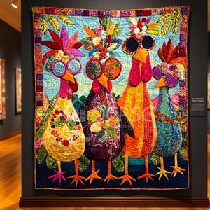 Puede incluir: Un edredón colorido con cuatro gallinas caprichosas que llevan gafas de sol y elaborados tocados. Las gallinas están sobre un fondo azul claro con un borde azul oscuro. El edredón se exhibe en una galería.