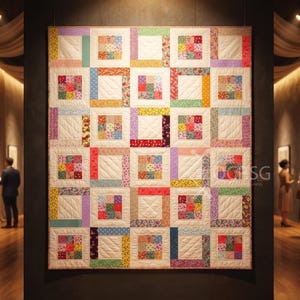 Puede incluir: Un edredón grande y cuadrado con un diseño de patchwork, expuesto en una pared. El edredón presenta un patrón de cuadrícula de cuadrados, cada uno con una impresión floral central rodeada de bordes de tela coloridos. El edredón está hecho de varias telas en tonos de rosa, azul, amarillo y verde.