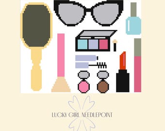 Schema per ricamo a punto croce per bancone trucco (download digitale)