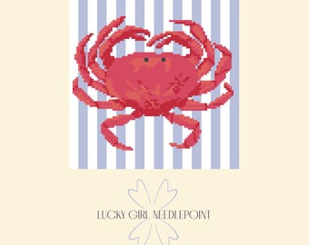 Blue Crab Needlepoint Pattern PDF, Striped Background Digital Download, Coastal Summer DIY