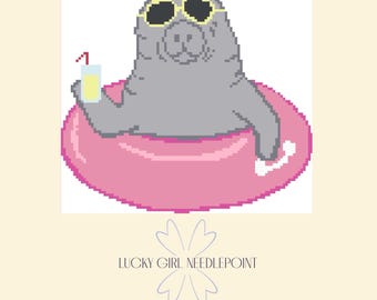Manatee Pool Float Needlepoint Pattern PDF, Digital Download Chart, Coastal Tropical Cocktail DIY