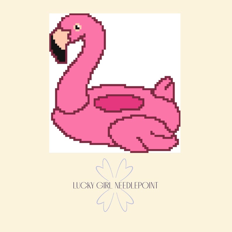 May include: A pixelated pink flamingo design with a black beak and a light pink head. The flamingo is in a seated position. The text "LUCKY GIRL NEEDLEPOINT" is below the flamingo.