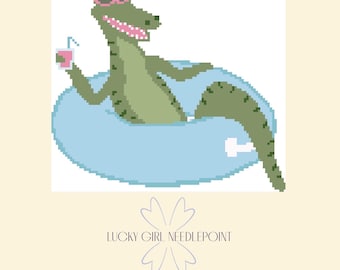 Alligator Pool Float Needlepoint Pattern PDF, Digital Download Chart, Coastal Summer Cocktail DIY