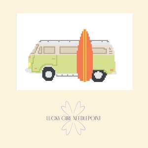 May include: Pixelated illustration of a green and beige van with a bright orange surfboard. The van has black wheels and windows. The text "LUCKY GIRL NEEDLEPOINT" is below the van in a light purple color.