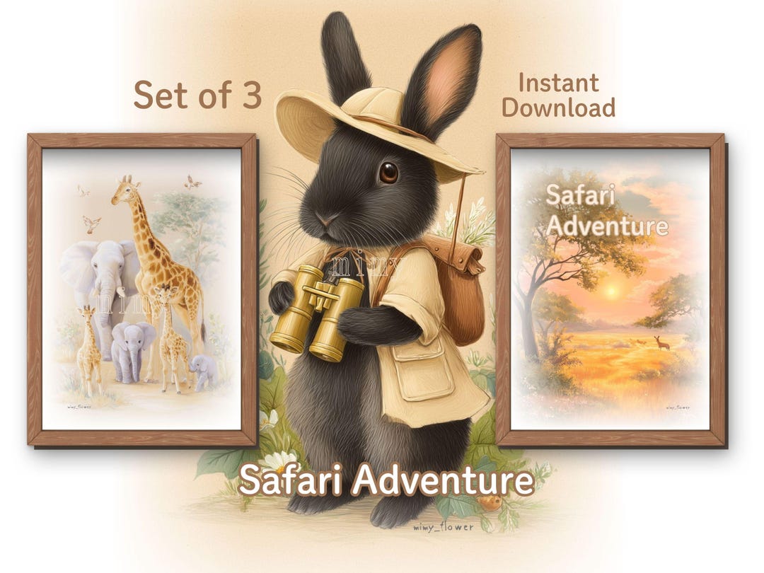 Safari Rabbit Baby First Magical Rabbit | Safari Adventure Wall Art Set of 3 | Explorer Bunny ...