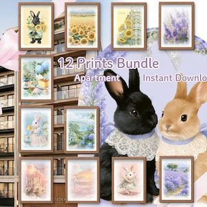 Magical Rabbit うさぎのルームツアー｜1LDKインテリアアート12枚セット｜ラベンダー・紫陽花・ひまわり畑・アラビアン｜Sweet Dreams｜パステルカラー・ガーリー・コテージコア・デジタルポスター｜ウォールアート｜かわいい部屋｜ナチュラルな女性部屋