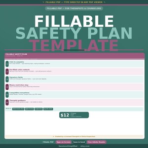 Fillable PDF Therapy Safety Plan Template | Stanley-Brown Model | Type Directly in Adobe Reader + Therapist Guidance