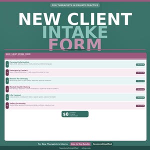 Puede incluir: Un formulario digital de admisión de nuevos clientes para terapeutas. El formulario incluye secciones para información personal, contacto de emergencia, motivo de la terapia, historial de salud mental, contexto de vida y evaluación de seguridad. Descarga digital instantánea.