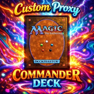 以下が含まれることがあります： カスタムプロキシCommander Deckカード。背景は、青、紫、黄色の渦巻き模様で鮮やかでカラフルです。カードには、Magic: The Gatheringのロゴと「Commander Deck」の文字が描かれています。