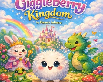 Può includere: Illustrazione colorata di "The Giggleberry Kingdom" di Hanan Iuliano. L'immagine presenta un arcobaleno, un castello e vari personaggi dei cartoni animati, tra cui un coniglio, un drago, una creatura bianca e soffice e una rana. Lo sfondo è un paesaggio luminoso e stravagante.