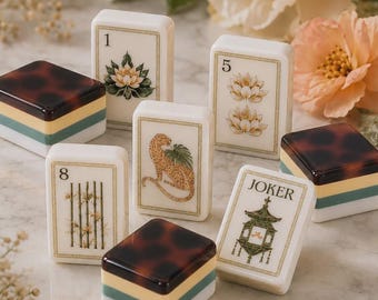 Leopard Lotus Mahjong Tiles Set, Garden White & Azure Mahjong Tiles, Modern Mahjong Set with Crane Floral Design, Mahjong Gift for Women