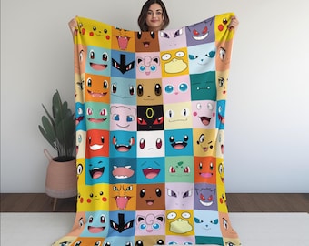 Anime throw blanket, Gift for kids, Gift for boys, birthday gift, First Gen 1 Original, Pkmn Red Blue, Game Sprites Inspired