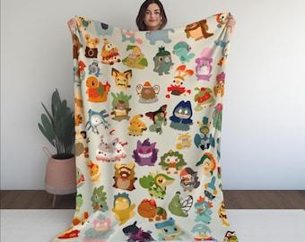 Pokemon throw blanket, Gift for kids, Gift for boys, Gift for him and her, First Gen 1 Original, Pkmn Red Blue,Game Sprites Inspired