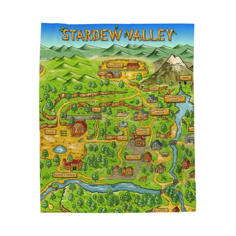 de la carte de la vallée de Stardew | Ville de pélican, cadeau stardew, cadeau de jeu vidéo, cadeau de joueur, stardew confortable, décoration de coin lecture, cadeau de jeu confortable image 2