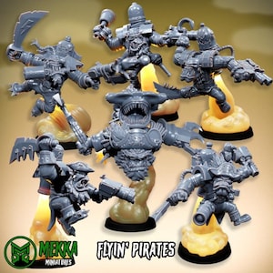 May include: A collection of six grey plastic miniature figures depicting pirate characters with jetpacks, each mounted on a translucent yellow flame base. The figures feature various weapons including swords, hooks, and pistols. Text reads FLYIN' PIRATES.