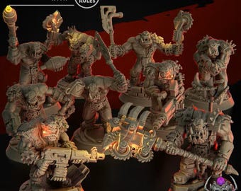 May include: A set of eight unpainted grey miniature orc figures standing on circular bases. Each figure is equipped with various weapons including axes, chainsaws, and rifles. The text COMPATIBLE WITH ONE PAGE RULES is visible at the top.