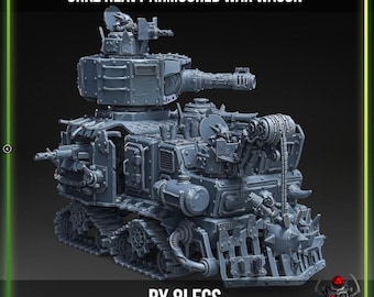 May include: A grey OrkZ Heavy Armoured War Wagon miniature by 8Legs. This detailed model features a large turret with a cannon, a top-mounted gunner, side-mounted weaponry, tracked wheels, and a spiked ramming front with a hanging spiked ball.