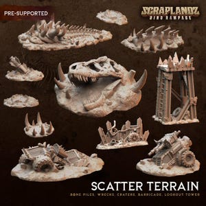 Könnte beinhalten: Eine Sammlung von vorgestützten Scatter-Geländeteilen für Tabletop-Spiele. Enthält Knochenhaufen, Wracks, Krater, eine Barrikade und einen Aussichtsturm. Die Teile sind in einer neutralen Farbe gehalten, mit dem Text "SCRAPLANDZ DINO RAMPAGE" und "SCATTER TERRAIN".