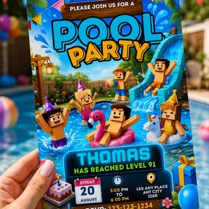 Mine Pixel Craft Pool Party Invitation | Personalized Birthday Invite | Digital Download