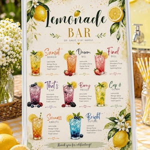 Puede incluir: Un cartel enmarcado de Lemonade Bar con ilustraciones de limones y ocho recetas de bebidas como Sunset Senior, Dream Big y Bright Future. El cartel incluye el texto Sip. Smile. Stay Awhile. y Thank you for celebrating.