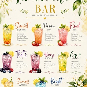 May include: A colorful lemonade bar menu with various drink options. The menu features the words "Lemonade BAR" in large, decorative lettering, and includes several lemonade recipes with names like "Sunset Senior" and "Bright Future."